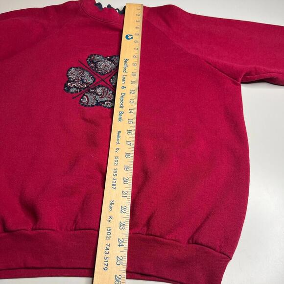 Vintage 90s Fruit of the Loom Red Sweatshirt XL USA Made Paisley Heart Patchwork - Picture 3 of 10